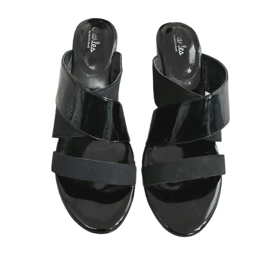 Charles David Black Platform Wedge Shoes with Elastic Straps